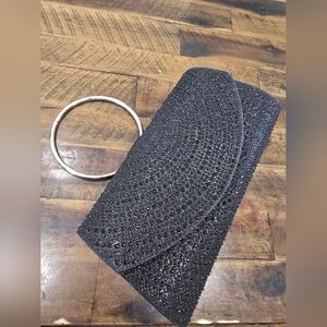 Elegant Black Crystal Evening Clutch with Silver Ring Handle